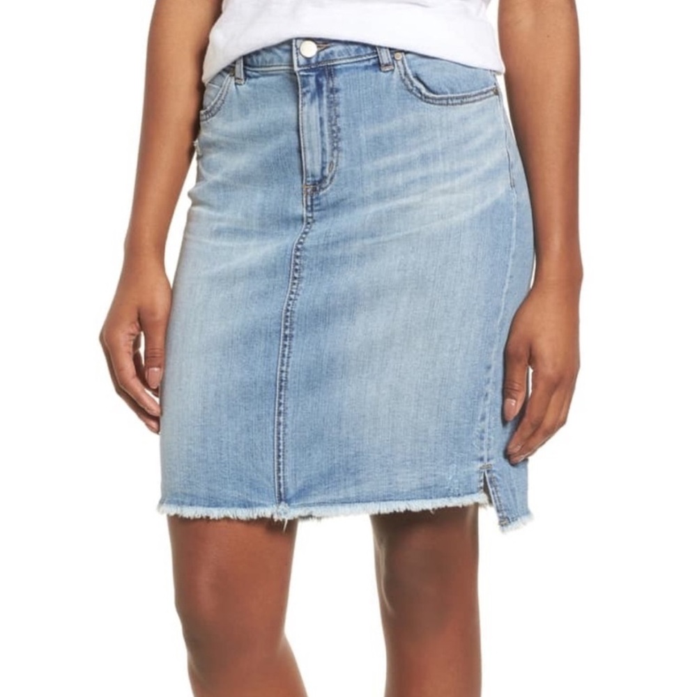 Caslon Denim Pencil Skirt with Raw Step Hem Medium Wash Distressed Size 16